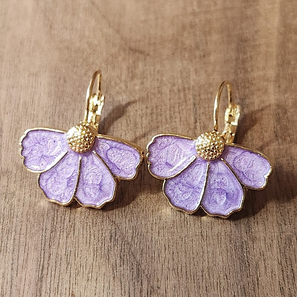 Purple Enamel Flower Drop Earrings Gold Tone Lever back Floral Botanical Jewelry